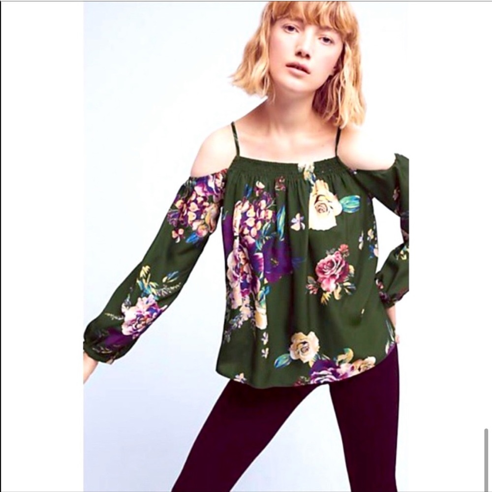 Anthro Maeve Tallie Floral Silk Cold Shoulder Top Size M